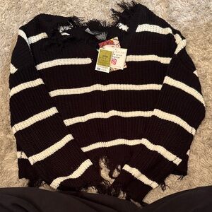 Polly & Esther Black and White Distressed V-Neck Sweater